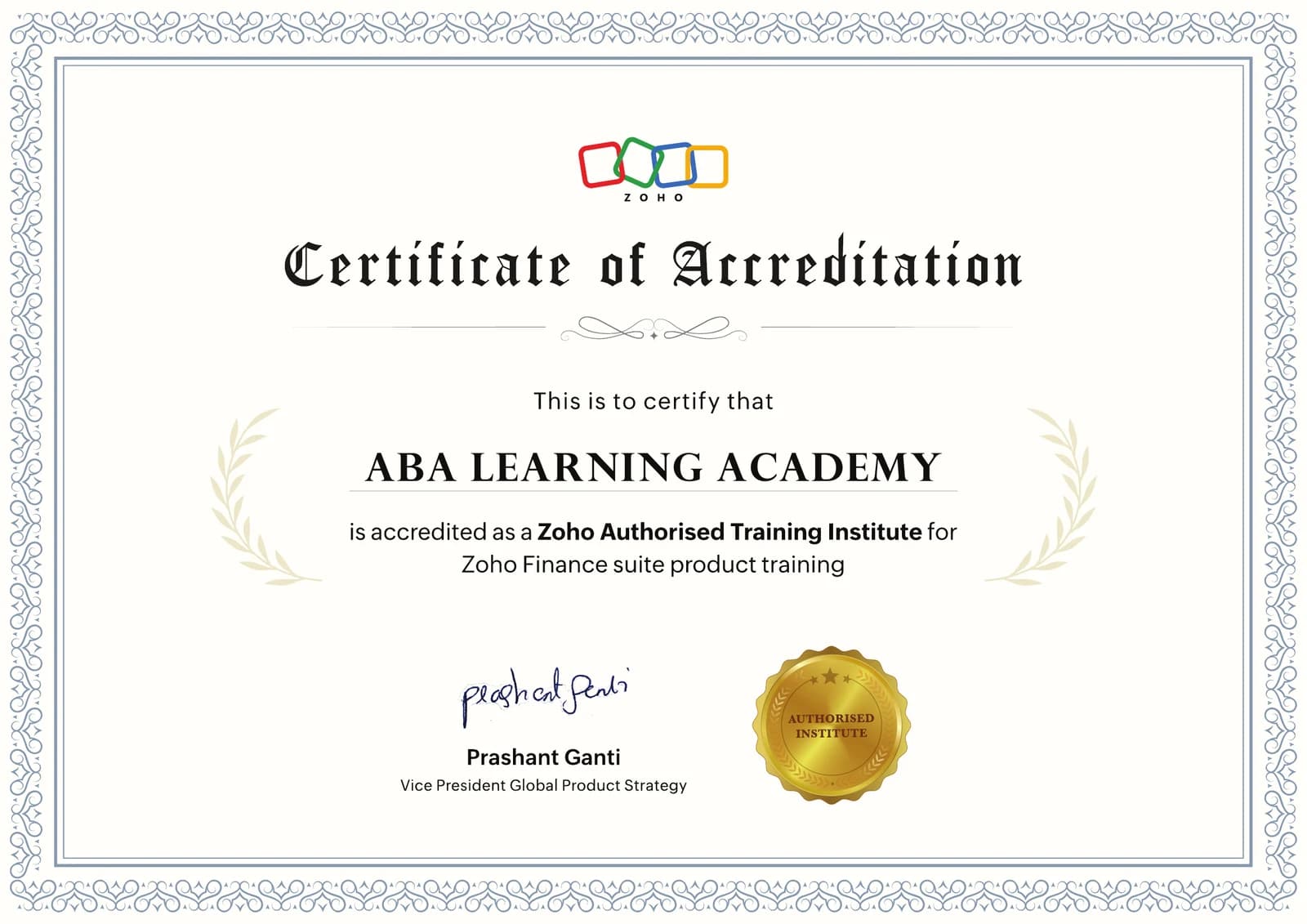 Zoho accreditation certificate